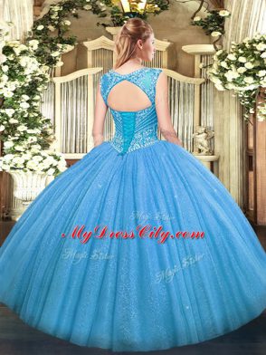 Tulle Scoop Sleeveless Lace Up Beading Ball Gown Prom Dress in Baby Blue