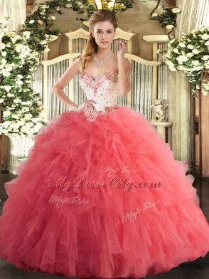 Attractive Sweetheart Sleeveless Tulle Ball Gown Prom Dress Beading and Ruffles Lace Up