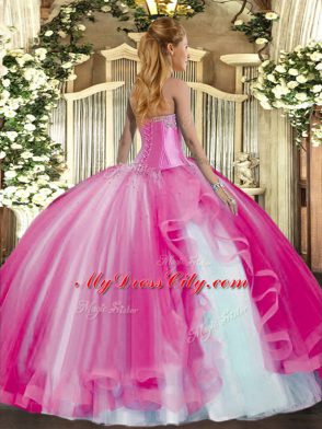 Noble Hot Pink Tulle Lace Up Sweetheart Sleeveless Floor Length Ball Gown Prom Dress Beading and Ruffles