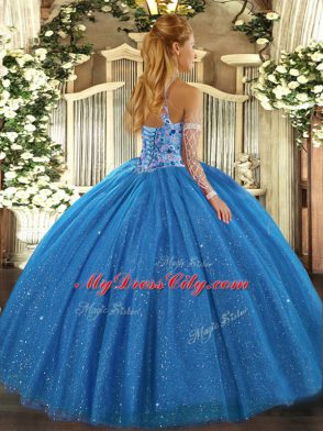 Romantic Sleeveless Tulle Floor Length Lace Up Quinceanera Gowns in Teal with Beading and Embroidery