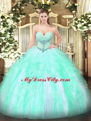 Latest Apple Green Sleeveless Floor Length Beading and Ruffles Lace Up Quinceanera Gowns