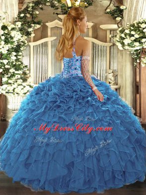 Spectacular Blue Halter Top Neckline Beading and Embroidery and Ruffles Ball Gown Prom Dress Sleeveless Lace Up