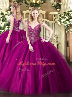 Floor Length Fuchsia Quinceanera Dress V-neck Sleeveless Lace Up