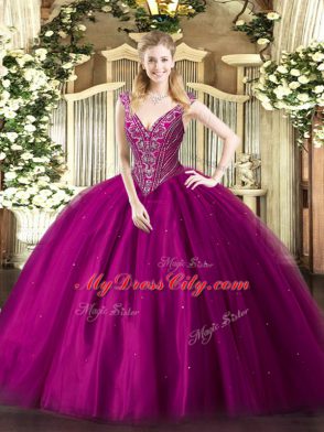 Floor Length Fuchsia Quinceanera Dress V-neck Sleeveless Lace Up