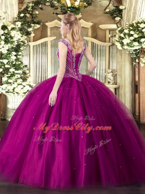 Floor Length Fuchsia Quinceanera Dress V-neck Sleeveless Lace Up