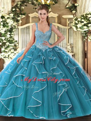 Teal V-neck Neckline Beading 15 Quinceanera Dress Sleeveless Lace Up