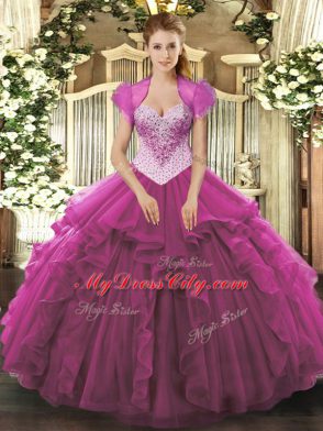 Enchanting Floor Length Ball Gowns Sleeveless Fuchsia Sweet 16 Dresses Lace Up