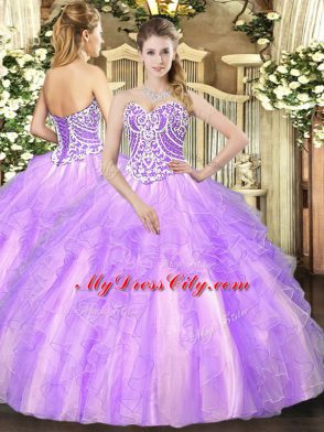 Beading and Ruffles Ball Gown Prom Dress Lavender Lace Up Sleeveless Floor Length