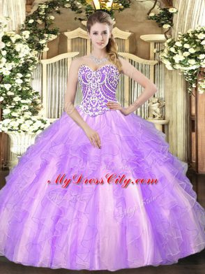 Beading and Ruffles Ball Gown Prom Dress Lavender Lace Up Sleeveless Floor Length