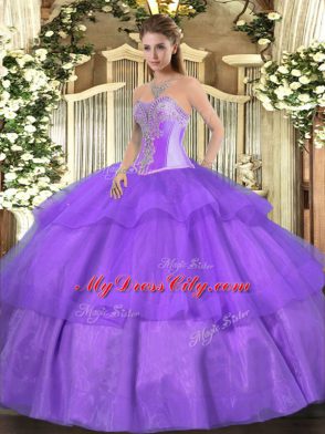 Lavender Tulle Lace Up Sweetheart Sleeveless Floor Length Sweet 16 Dress Beading and Ruffled Layers