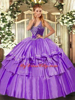 Affordable Floor Length Lavender Sweet 16 Dress Organza and Taffeta Sleeveless Beading and Ruffled Layers