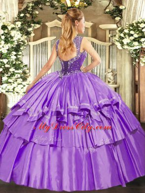 Affordable Floor Length Lavender Sweet 16 Dress Organza and Taffeta Sleeveless Beading and Ruffled Layers