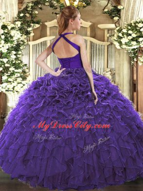 Glorious Blue Sweet 16 Dresses Military Ball and Sweet 16 and Quinceanera with Ruffles Halter Top Sleeveless Lace Up