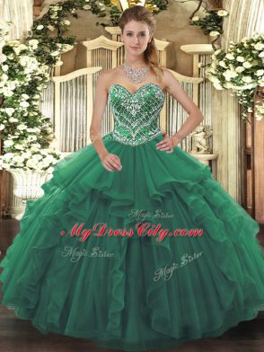 Sexy Green Ball Gowns Tulle Sweetheart Sleeveless Beading and Ruffles Floor Length Lace Up Sweet 16 Dresses