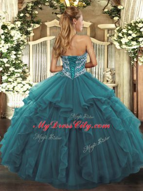 Sexy Green Ball Gowns Tulle Sweetheart Sleeveless Beading and Ruffles Floor Length Lace Up Sweet 16 Dresses