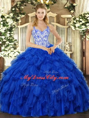 Sophisticated Royal Blue Ball Gowns Beading and Ruffles Quinceanera Gown Lace Up Organza Sleeveless Floor Length