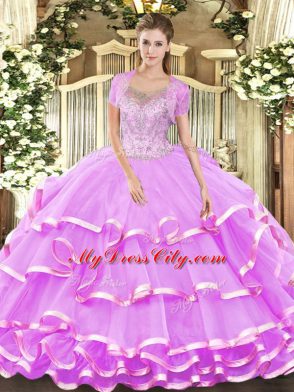 Lilac Sleeveless Beading and Ruffled Layers Floor Length 15 Quinceanera Dress