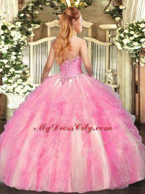 Best Sleeveless Floor Length Appliques and Ruffles Lace Up Quinceanera Dress with Baby Blue