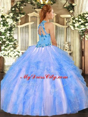 Lavender Ball Gowns Organza Halter Top Sleeveless Embroidery and Ruffles Floor Length Lace Up Quinceanera Gowns