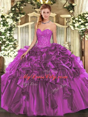 Purple Organza Lace Up Ball Gown Prom Dress Sleeveless Floor Length Beading and Ruffles