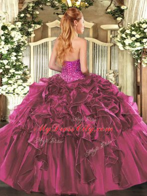 Purple Organza Lace Up Ball Gown Prom Dress Sleeveless Floor Length Beading and Ruffles