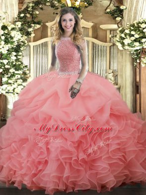 Watermelon Red High-neck Neckline Beading and Ruffles and Pick Ups 15th Birthday Dress Sleeveless Lace Up