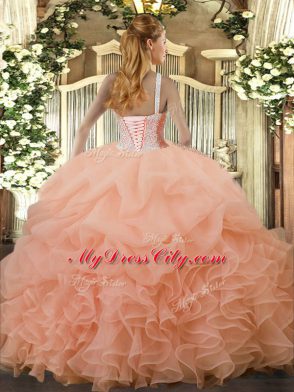 Watermelon Red High-neck Neckline Beading and Ruffles and Pick Ups 15th Birthday Dress Sleeveless Lace Up