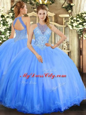 Superior Floor Length Blue Sweet 16 Dress Halter Top Sleeveless Lace Up