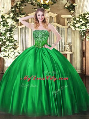 Beading 15th Birthday Dress Green Lace Up Sleeveless Floor Length