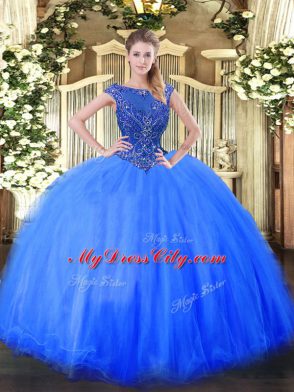 Blue Ball Gowns Scoop Cap Sleeves Tulle Floor Length Zipper Beading Quinceanera Dresses