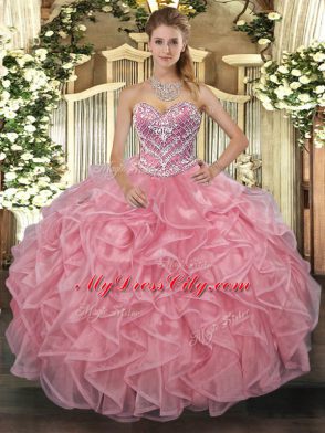 Fabulous Sleeveless Tulle Floor Length Lace Up Quinceanera Dress in Pink with Beading