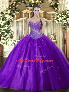 Shining Eggplant Purple Sweetheart Lace Up Beading Quinceanera Dresses Sleeveless