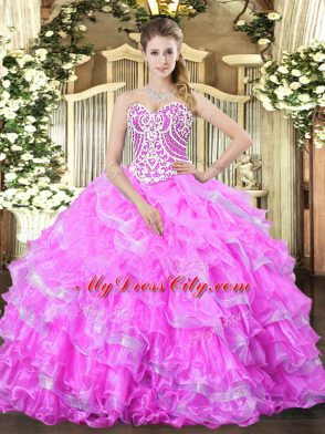 Lilac Ball Gowns Beading and Ruffled Layers 15 Quinceanera Dress Lace Up Organza Sleeveless Floor Length