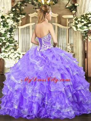 Lilac Ball Gowns Beading and Ruffled Layers 15 Quinceanera Dress Lace Up Organza Sleeveless Floor Length