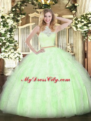 Traditional Yellow Green Sweet 16 Quinceanera Dress Military Ball and Sweet 16 and Quinceanera with Lace and Ruffles Scoop Sleeveless Zipper