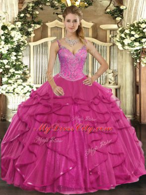 Simple Tulle Sleeveless Floor Length Quinceanera Dresses and Beading and Ruffles