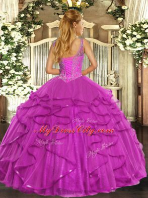 Simple Tulle Sleeveless Floor Length Quinceanera Dresses and Beading and Ruffles