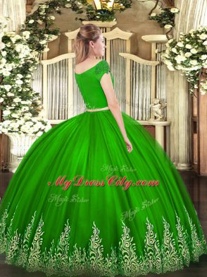 Unique Green Two Pieces Appliques Quinceanera Gown Zipper Tulle Short Sleeves Floor Length