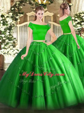 Modest Green Tulle Zipper Off The Shoulder Short Sleeves Floor Length Quince Ball Gowns Appliques