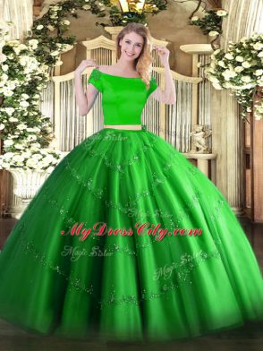 Modest Green Tulle Zipper Off The Shoulder Short Sleeves Floor Length Quince Ball Gowns Appliques