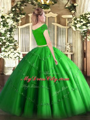 Modest Green Tulle Zipper Off The Shoulder Short Sleeves Floor Length Quince Ball Gowns Appliques