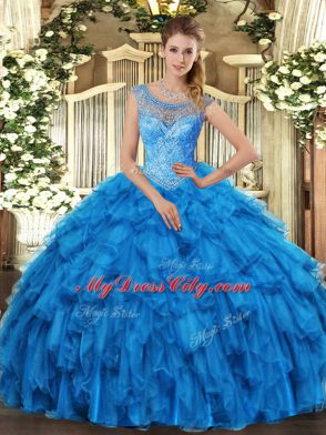 Exceptional Ball Gowns Vestidos de Quinceanera Baby Blue Scoop Organza Sleeveless Floor Length Lace Up