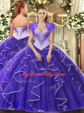 Floor Length Purple Quince Ball Gowns Sweetheart Cap Sleeves Lace Up