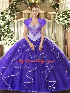 Floor Length Purple Quince Ball Gowns Sweetheart Cap Sleeves Lace Up