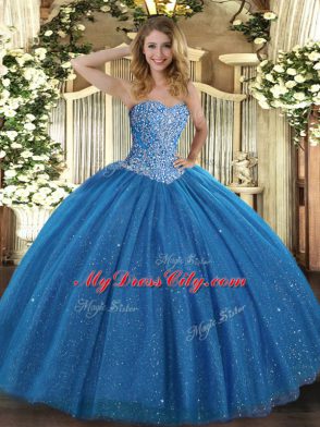 Shining Blue Sweet 16 Quinceanera Dress Military Ball and Sweet 16 and Quinceanera with Beading Sweetheart Sleeveless Lace Up