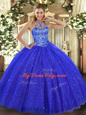 Latest Beading and Embroidery Quinceanera Gowns Royal Blue Lace Up Sleeveless Floor Length