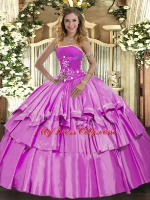 New Style Strapless Sleeveless Lace Up Quinceanera Gowns Lilac Organza and Taffeta