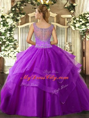 Scoop Sleeveless Vestidos de Quinceanera Floor Length Beading and Ruffles Fuchsia Tulle