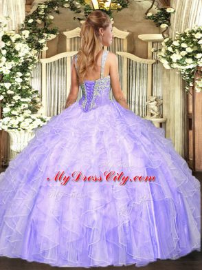 Lavender Ball Gowns Beading and Ruffles Quinceanera Gowns Lace Up Tulle Sleeveless Floor Length