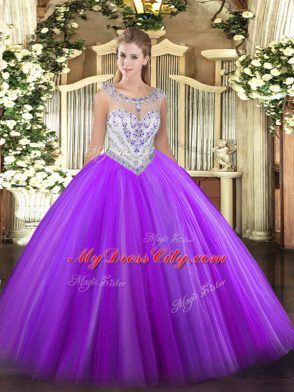 Attractive Scoop Sleeveless Sweet 16 Dress Floor Length Beading Eggplant Purple Tulle